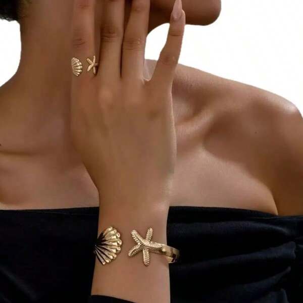 Conjunto de Pulseira e Anel Aberto Estilo Boho Praia INS Vintage Dourado Ajustável com Estrela-do-Mar e Concha, Atmosfera de Férias, Acessório Premium de Nicho Estilo Oceano, 2 Peças