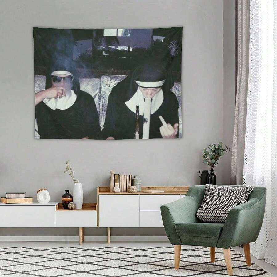 Nuns Smoking Banner Flag Wall Art Hanging,For Decorate Clubs Concerts Bars University Dormitories Living Rooms Bedrooms Decor Tapestry Parties,Gift - 樣式 1 - 查看 1