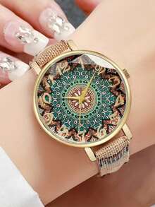 Women's Boho Floral Printed Quartz Watch Fabric Strap Dial Quartz Wristwatch Jewelry Gift For Her Birthday Christmas - Beige - View 4