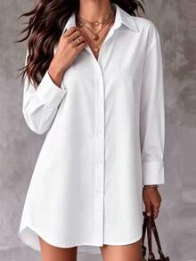 Women's Long Sleeve Polyester Shirt Dress, Collared, Button Front, Curved Hemline With Front Short Back Long, Loose Casual Top, Suitable For Spring And Autumn Streetwear - White - View 3