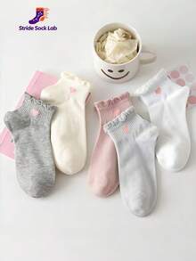 5 Pairs Women's Korean Style Minimalist Coffee Color Heart Pattern Non-Slip Breathable Lace Summer Short Socks, Breathable Casual Short Socks, Soft Comfortable Daily Wear Short Socks, Random Color - Multicolor - View 3
