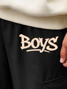Tween Boys American Street Style Printed Sweatshirt & Cargo Pants 2-Piece Set, Autumn/Winter Outfit, Campus Style, Homecoming Look - Apricot - View 8