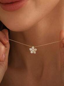 14K Gold Plated Delicate Flower Pendant Necklace, Sparkling CZ Cherry Blossom Necklace, Elegant Minimalist Women's Daily, Date, Party Wear Jewelry - Gold - View 7