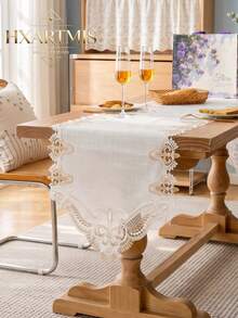HXARTMIS 1pc Vintage Exquisite Gold Thread Embroidered Water-Soluble Lace Table Runner, European Style Hollow Pointed Table Runner, Suitable For Wedding, Dining Table And Home Decor - White/Coffee - View 1