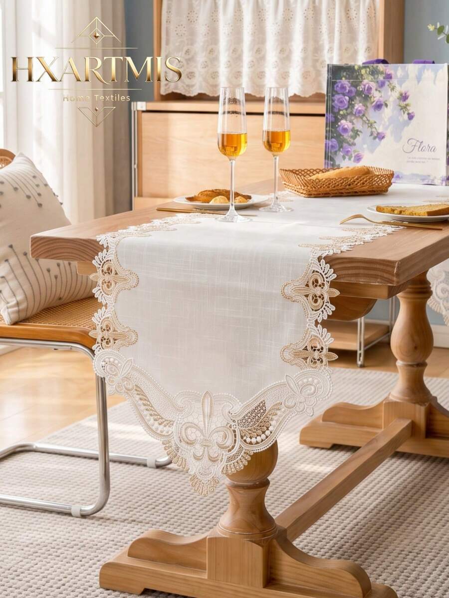 HXARTMIS 1pc Vintage Exquisite Gold Thread Embroidered Water-Soluble Lace Table Runner, European Style Hollow Pointed Table Runner, Suitable For Wedding, Dining Table And Home Decor - White/Coffee - View 1