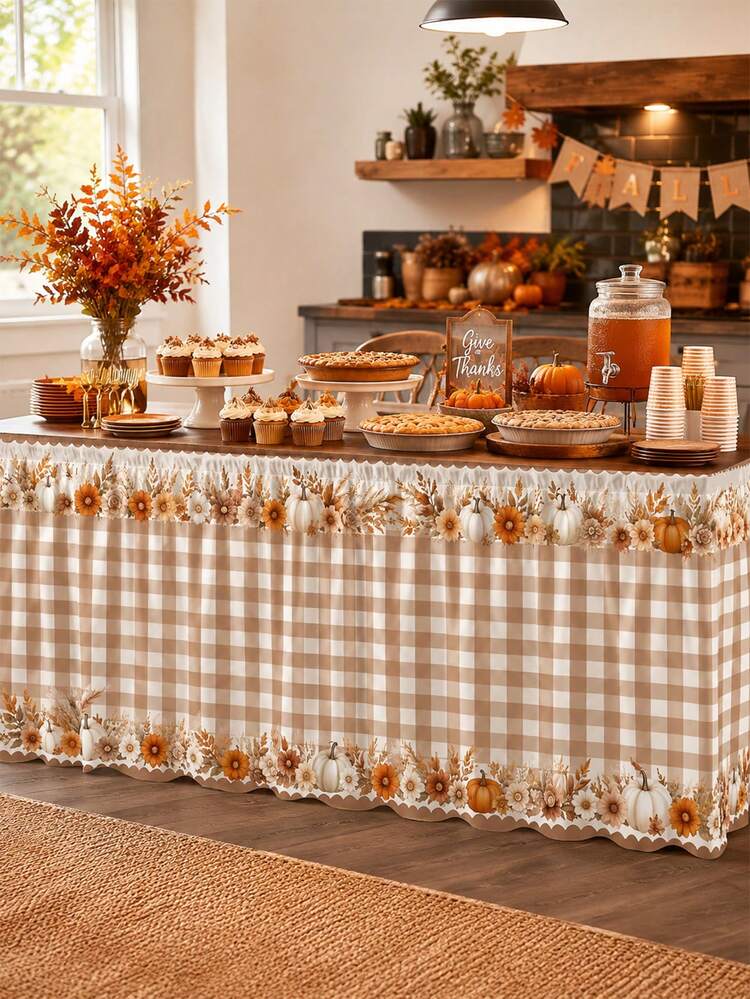 1PC Beige White Pumpkin Fall Table Skirt, Neutral Farmhouse Polyester Ruffled Table Cover With Daisy Floral Leaves Orange White Pumpkin Border & Gingham Print, Thanksgiving Dessert Table Decor For Buffet, Dining Room, Kitchen & Harvest Party - Multicolor - View 4