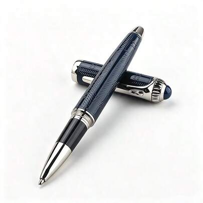 Luxury Metal Ballpoint Pen Engraved Texture Blue Crystal Top Business Signature Rollerball Pen Gift Writing Office Pens With Denim Pen Case
