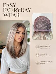 16 Inch Synthetic Hair Straight Gradient Gray-Gold Middle Part Feather Layered Bob Wig, Fashionable Mid-Length, Suitable For Daily Wear, Party, Halloween And Christmas Fashion Accessory - Ombre - View 4