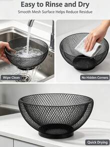 Black Metal Fruit Basket, Round Hollow Mesh Countertop Fruit Bowl, 3 Sizes Available, Fruit Holder With Stable Base, Ventilated Metal Storage Bowl For Fruits, Snacks And Tabletop Home Decorations - Black - View 6