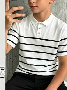 Big Kids Classic Colorblock Striped Knit Polo Shirt, Breathable Lightweight Casual Knit Top - White - View 6