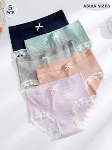 5pcs/Pack Women High Waist Panties, Comfortable Lifting Tight Shorts, Breathable Lace Solid Color Briefs - Multicolor - View 8