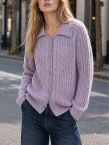 New Autumn/Winter Women's Casual Minimalist Lapel Design Sweater Cardigan - Mauve Purple - View 3