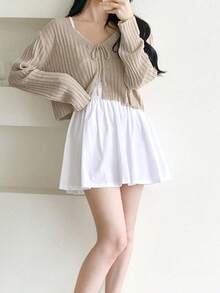 YCYC Spring New Lazy Sweet Loose Long Sleeve Apricot V-Neck Knit Cardigan - Coffee Brown - View 5
