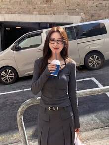 Pure Desire Style Strapped V-Neck Long Sleeve T-Shirt For Women Autumn Slimming Waistband Innerwear Solid Color Bodycon Shaping Top - Dark Grey - View 4