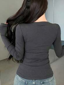 Pure Desire Style Strapped V-Neck Long Sleeve T-Shirt For Women Autumn Slimming Waistband Innerwear Solid Color Bodycon Shaping Top - Dark Grey - View 7