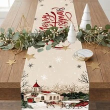 1pc Christmas Table Runner, Polyester, Vintage Rustic Style, Christmas Red House & Snowflake Design, Suitable For Winter Holiday Party Home Tabletop Decor,Home Decor,Christmas Decor,Party Supplies - Multicolor - View 5