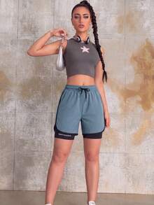 Knot & Curve 2合1內襯女款運動短褲，純色內襯2合1運動褲，彈性兩件套，適合跑步、運動、瑜伽、健身、健身訓練的夏季長褲 - 霧霾藍 - 查看 5