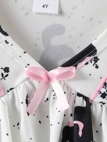 Cute Black Cat Print Pajama Set For Young Girl, V-Neck Frill Trim Long Sleeve Top And Long Pants, 2 Pieces Children's Loungewear - White - View 5
