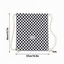 黑白棋盤格運動多功能抽繩背包，輕量休閒束口包，適合日常通勤、運動、海灘與旅行，返校季女款時尚可愛背包 - 黑與白 - 查看 8