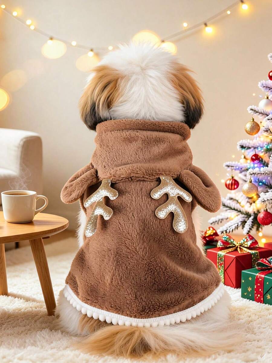 PETCIRCLE 1件寵物衣服 秋冬新款 小狗幼犬貓咪可愛風 節日氛圍毛絨聖誕披肩 - 馴鹿 - 棕色 - 查看 1