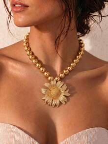 1pc Women's Vintage Gold Beaded Chain Necklace, Exaggerated Large Sunflower Pendant Statement Choker, For Daily Wear, Date Night, Party & Vacation - Gold - View 2