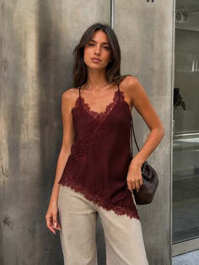 MUMRAP Women's Solid Color Contrast Lace Asymmetric Camisole, Elegant Loose Sleeveless Top Casual Summer