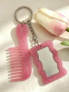 Acrylic Glittering Heart-Shaped Mirror, Comb Set, Keychain, Bag, Pendant, Exquisite Essential Makeup Items For Girls - Love - View 13