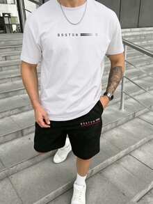 Conjunto de manga corta estampado para hombres con mangas cortas sueltas, suaves y ligeras, ropa casual de la ciudad de playa y entretenimiento diario de varios tamaños - Blanco y Negro - Ver 1