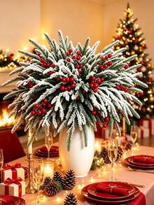 2/10pcs Artificial Norfolk Pine Branch With Red Berries, 13.97 Inch Cedar Branch, 13 Forks, Durable Plastic, Suitable For Wreaths, Garlands, Vase Fillers, Christmas Tree Decorations, Holiday Decor And Home Decor - Multicolor - View 10