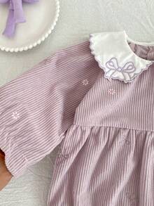 Gaun Korduroi Kerah Peter Pan Gaya Korea untuk Anak Perempuan dengan Bordir, Gaun Putri Lengan Panjang Musim Semi/Musim Gugur - Mauve Purple - View 5