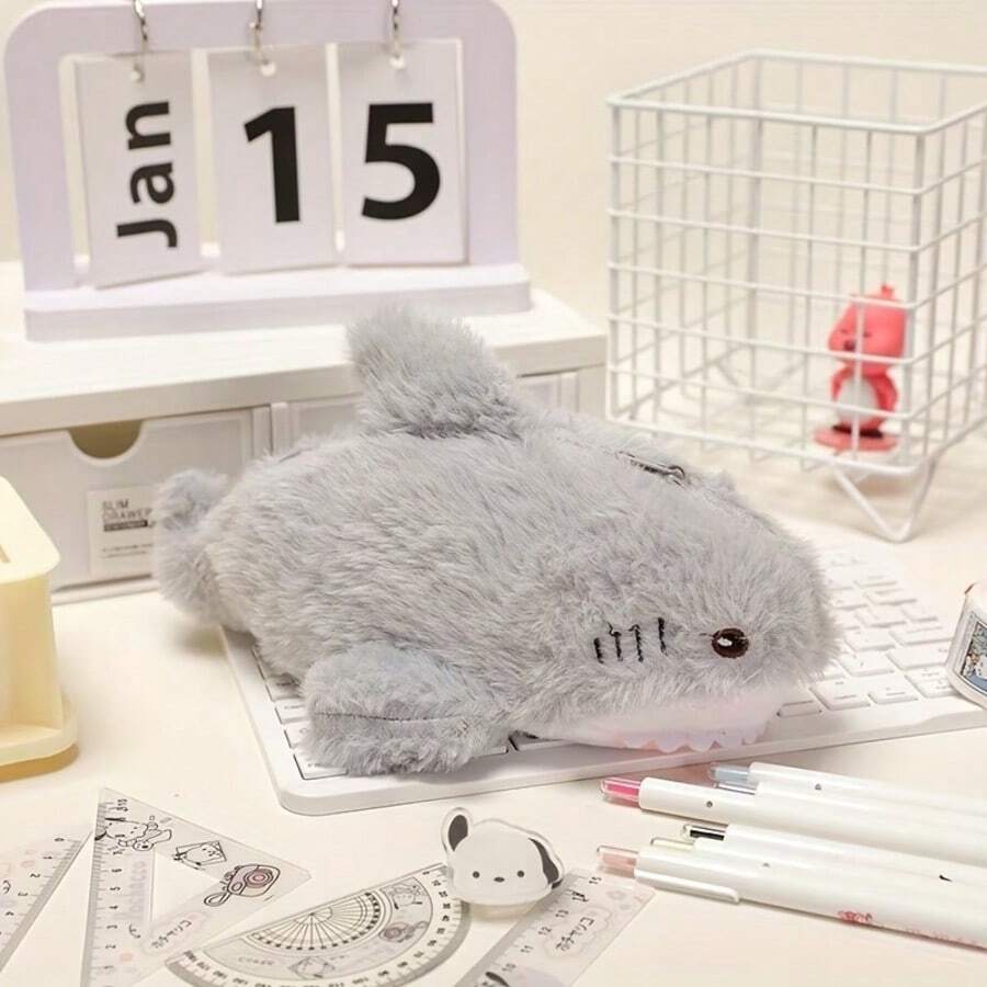 1/3pcs Exquisite Soft Large Capacity Zipper Pencil Case, Multi-Functional Stationery Storage Bag, Student Style Organizer Bag Suitable For Teenagers, School, Office, Travel Gift - Shark - View 1