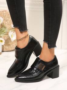 Women's Textured Stitching Square Metal Decor Minimalist Solid Color Pointed Toe Strap Loafers With Block Heel, Urban Commute Business Meeting Cocktail Party Date Spring Autumn Black Shoes - Black - View 2