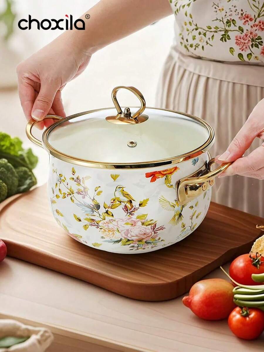 choxila 1 pieza Olla de sopa de esmalte floral vintage, olla de estofado de esmalte con patrón de pájaros y flores para mariscos con tapa de vidrio, en stock - Ver 1