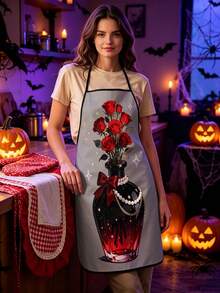 4pcs Gothic Halloween Kitchen Apron, Black Cat Red Rose Pearl Chain Print Adjustable Anti‑Oil Cooking Bib Apron, Vintage Dark Romantic Home Baking Party Decor Holiday Gift - Multicolor - View 13