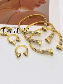 1 pieza Anillo de uña de moda nueva en color dorado, electrochapado de doble tono con incrustación de circonita, estilo minimalista personalizado - Dorado - Ver 4