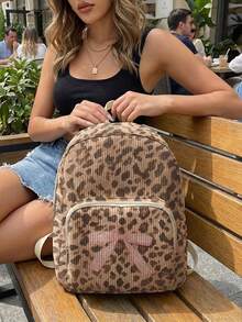 1PC Backpack, Women's Mini Backpack, Corduroy Girls School Bag, Travel Storage Bag, Leopard Print Design, Large Capacity Foldable Easy Storage Bag, Lightweight & Pressure-Relieving, Multi-Pocket Layered Design With Zipper Closure - Leopard Print Bow - View 2