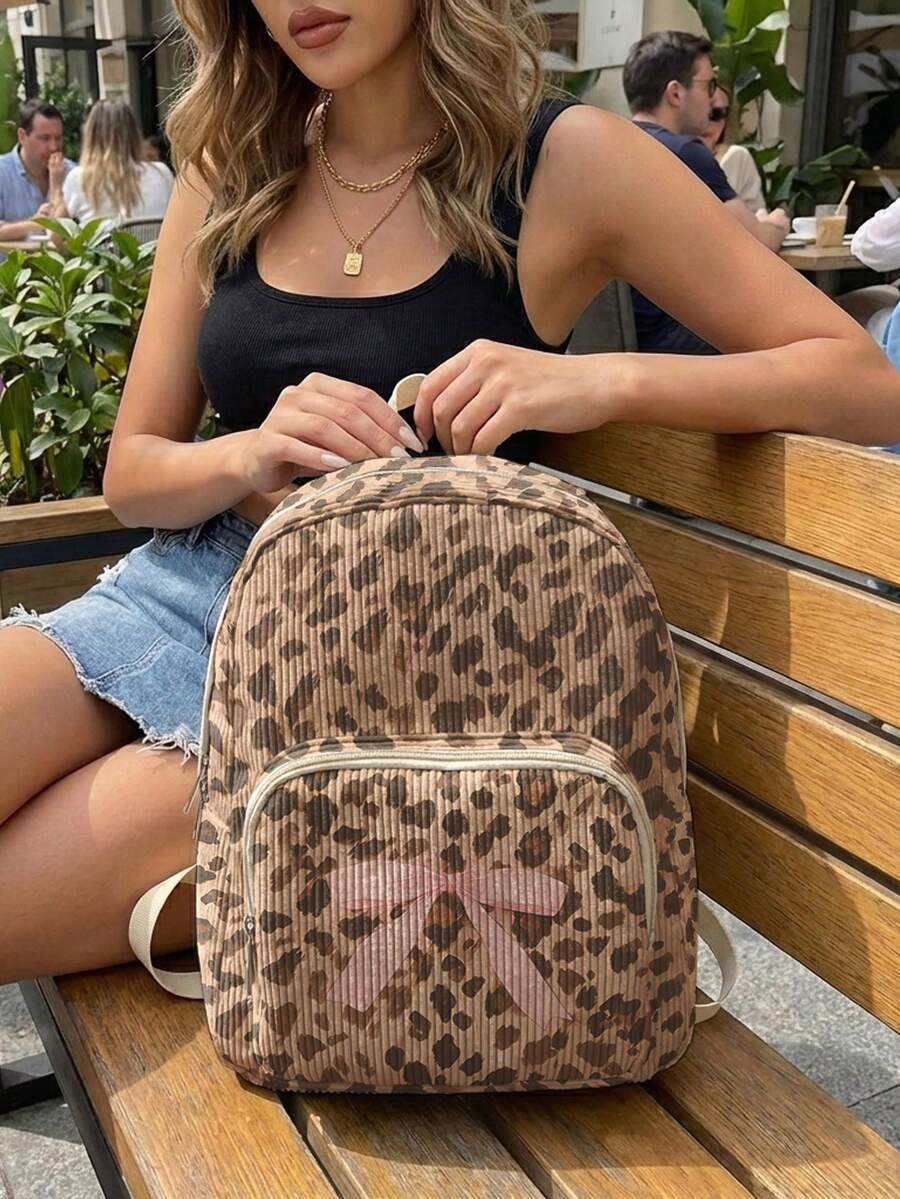 1PC Backpack, Women's Mini Backpack, Corduroy Girls School Bag, Travel Storage Bag, Leopard Print Design, Large Capacity Foldable Easy Storage Bag, Lightweight & Pressure-Relieving, Multi-Pocket Layered Design With Zipper Closure - Leopard Print Bow - View 1