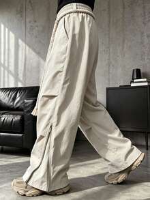 HEYKESON Men's Side Slit Zipper Cable Knit Drawstring Wide Leg Casual Cargo Pants - Khaki - View 5