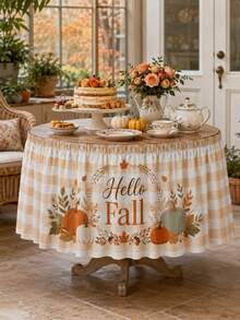 1PC Hello Fall Pumpkin Table Skirt, Cream Beige Farmhouse Polyester Ruffled Rectangular Table Cover With Autumn Wreath Maple Leaves Acorn & Orange Green Pumpkin Print, Seasonal Buffet Table Decor For Thanksgiving, Kitchen & Harvest Party - Multicolor - View 5