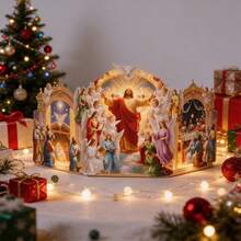 Christian Christmas 3D Pop Up Greeting Card, Triple‑Arch Religious Pop‑Up Design With Jesus, Angels, White Dove, Holy Chalice, Bible, Bread & Grape Elements, Last Supper & Nativity Scene Foldable Xmas Card, Handmade Faith‑Based Holiday Gift Card - The Two Doors Of Jesus' Birth - View 3