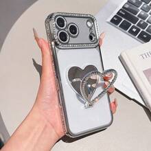 Heart-Shaped Makeup Mirror Ring Phone Case, Luxury Shiny Rhinestone Camera Protection Electroplated Anti-Drop Shell With Glitter And Shimmer, Compatible With IPhone 18 17ProMax 17Pro 17 16Promax 15 14 Plus 13 12 Pro Max 11 17Air Galaxy S26 HONOR NOTE, High-Quality Shockproof Back Cover - Silver - View 2