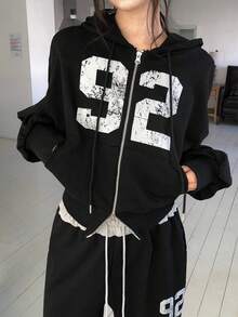 Vintage Printed Distressed Zip-Up Hoodie - Black - View 7