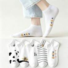 5 Pairs Cute Animal Print Women's Casual Short Leg Warmers Set, Cow Dog Bear Pattern - A - View 1
