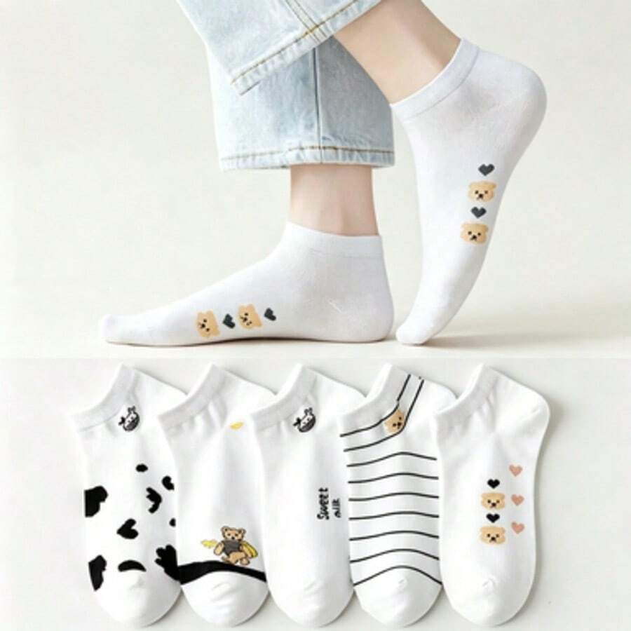 5 Pairs Cute Animal Print Women's Casual Short Leg Warmers Set, Cow Dog Bear Pattern - A - View 1