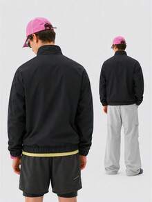 American Retro Sports Jacket With Curved Line Decoration, Stand Collar Zipper Front, Contrast Stitching And Small Logo, Ribbed Cuffs, Long Sleeve Casual Loose Streetwear Jacket For Men - Black - View 2
