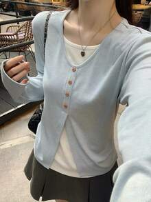 Women's 2 In 1 Patchwork Button Design Long Sleeve T-Shirt, Autumn Base Layer Top - Blue - View 2