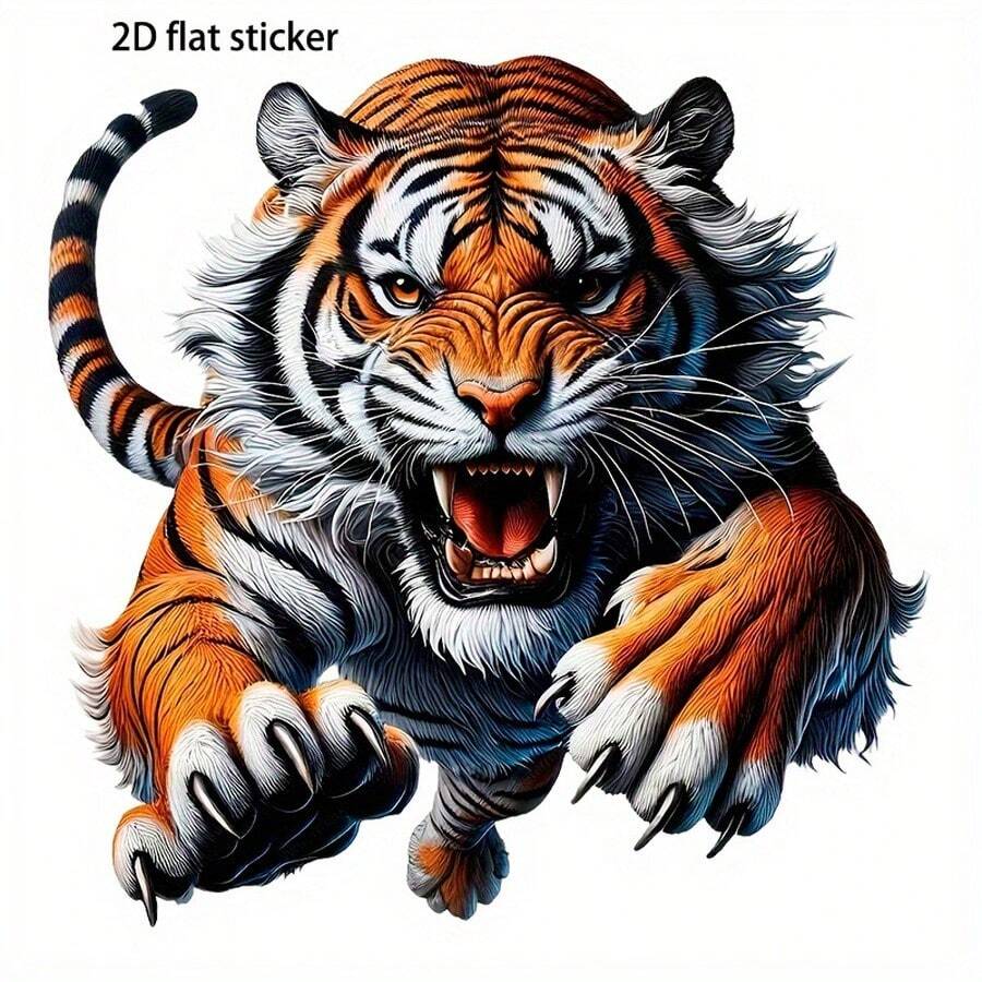 2D Flat, 2D Flat Stickers With A Tiger Charging Towards You. For Car Motorcycle Laptop Phone Cup Smooth Surfaces Decor - A - View 1