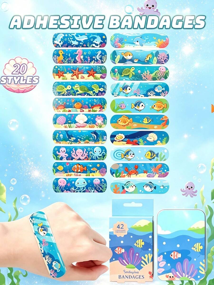 100/30/10pcs Underwater World Animals Cartoon Bandages Flexible Adhesive Colorful Cute Bandages Knuckle Fingertip Breathable Stickers (Random Pattern) - View 1