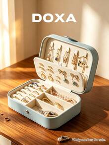 DOXA Light Blue Travel Jewelry Box, Portable Jewelry Storage Box, Multi-Compartment Ring, Earring, Necklace Organizer - Blue - View 6