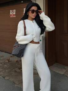 Women's Ribbed Knit 2 Pieces Set, Fashionable Short Double Zipper Sweater With Drawstring Wide Leg Pants, Autumn/Winter Warm Outfit - White - View 5